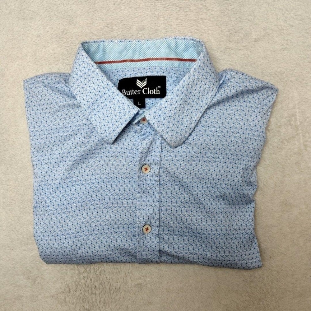 Butter Cloth Shirt Mens L Blue Geometric Button-Up Lightweight Cotton Casual